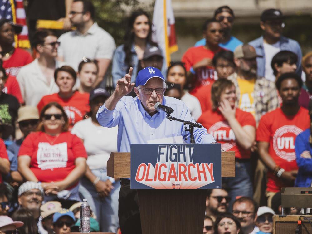 Sen. Bernie Sanders Speaks To A Crowd Of 36,000 At The Fighting Oligarchy Rally At Gloria Molina Grand Park In Downtown Los Angeles On April 12, 2025.