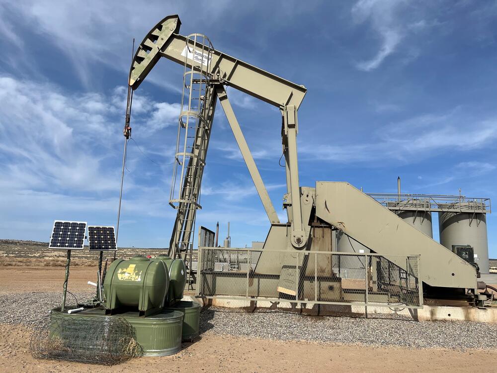 A pump jack in New Mexico's San Juan Basin. This is one of the country's oldest federal lands drilling areas. Many oil company executives celebrated Donald Trump's return to the White House. But now expectations of higher profits are fading amid fears of a recession.