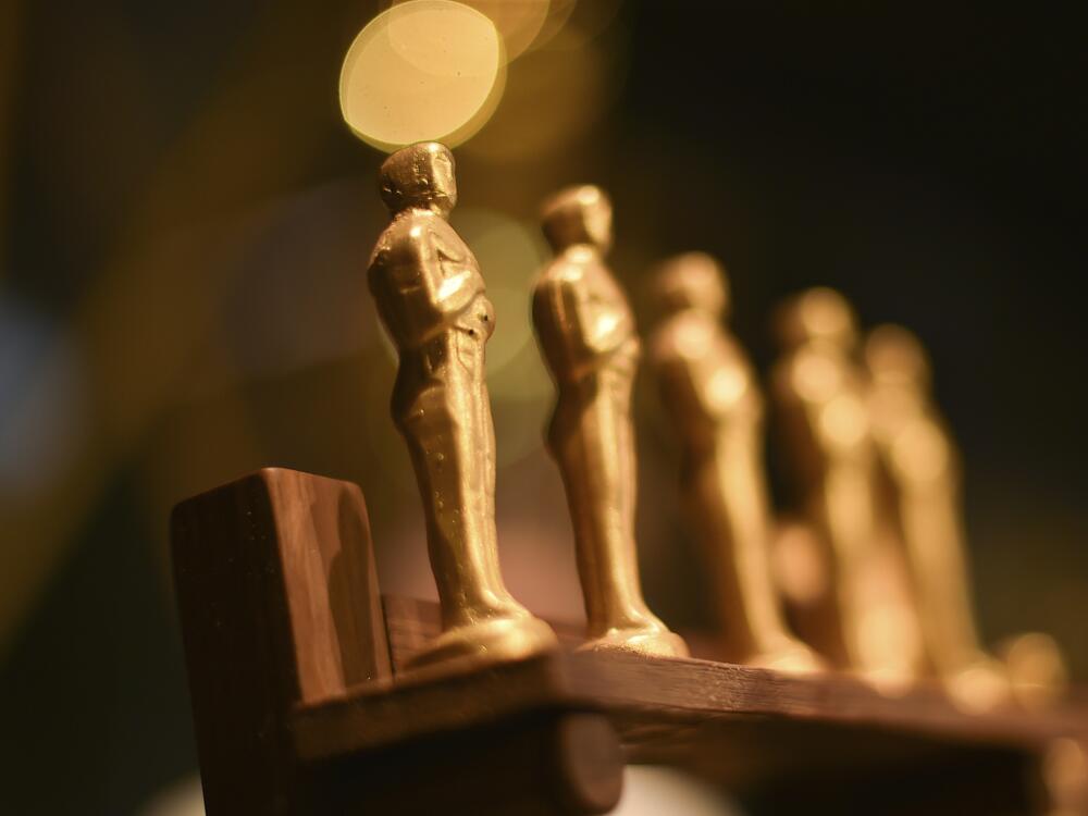 Oscar statues in a press preview in February 2025.