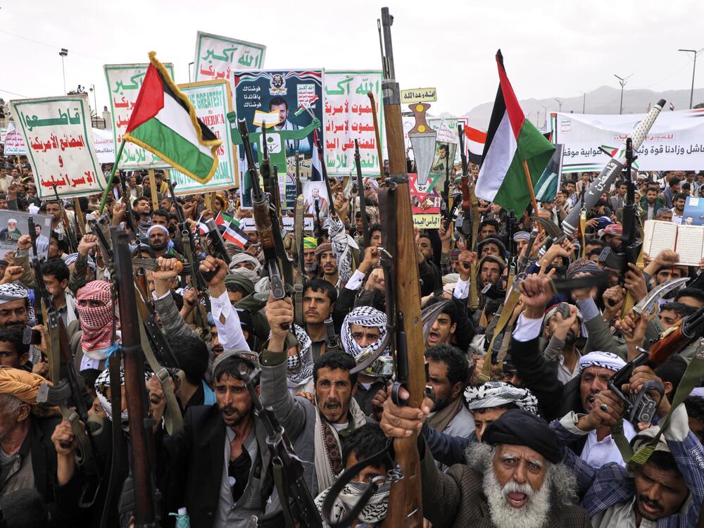 Houthi supporters chant slogans during a weekly, anti-U.S. and anti-Israel rally in Sanaa, Yemen on Friday, April 18.