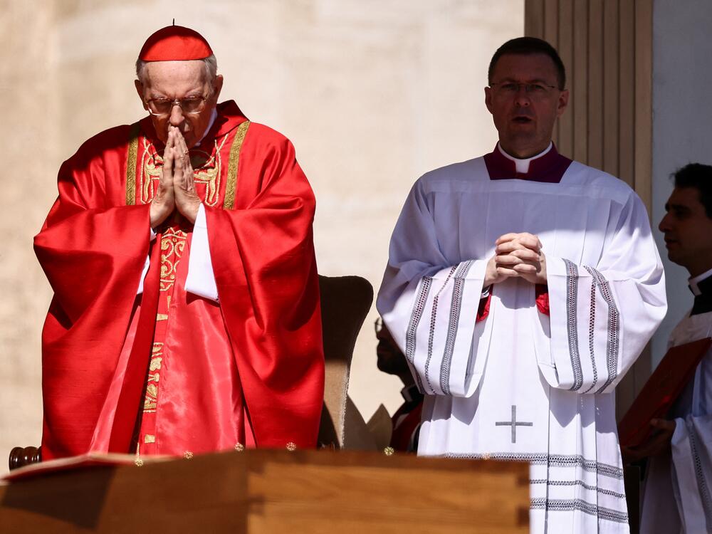 Cardinal Giovanni Battista Re, the 91-year-old dean of the College of Cardinals, leads the funeral Mass of Pope Francis in St. Peter's Square at the Vatican.