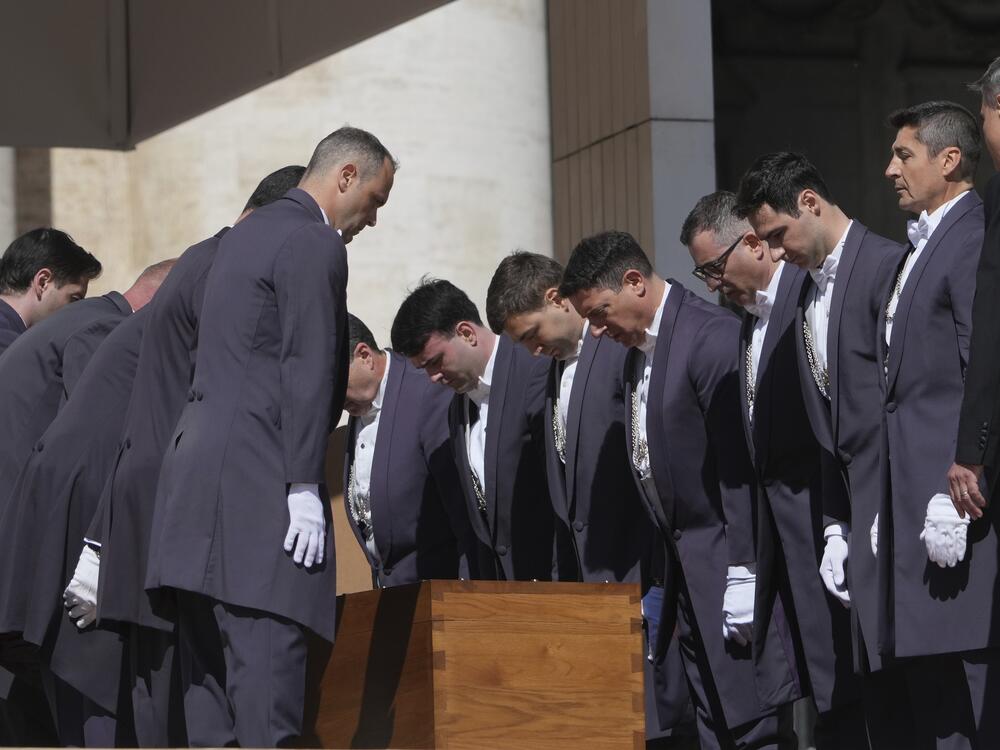 The coffin of Pope Francis is laid into St. Peter's Square during his funeral ceremony.