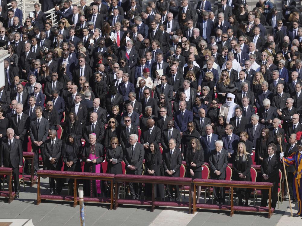 Heads of State and other dignitaries stand during the funeral of Pope Francis.