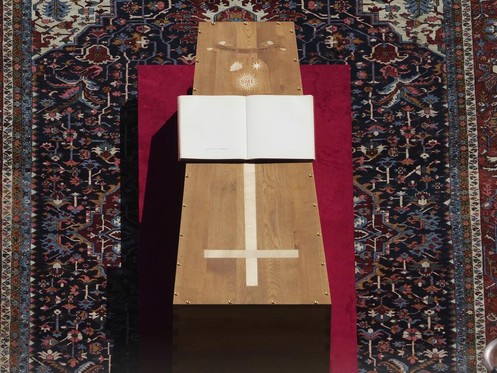 The book of the Gospels lies on the coffin of Pope Francis during his funeral ceremony.