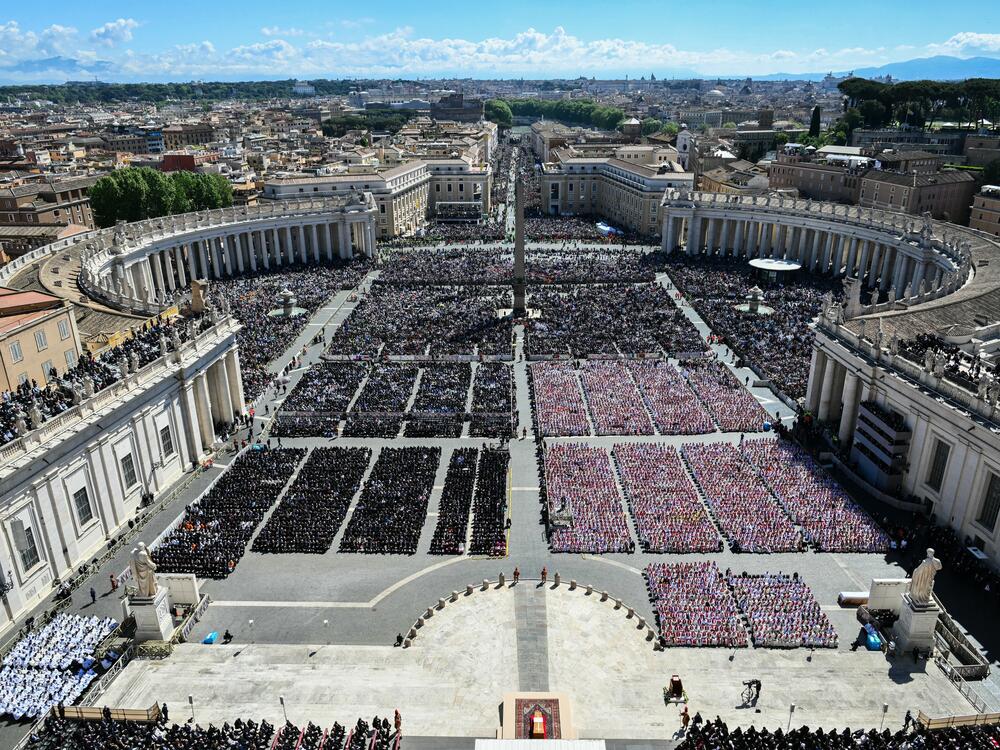 A photograph taken from St Peter Basilica shows a general view of late Pope Francis' coffin.