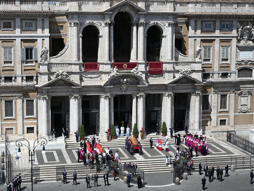 Pallbearers carry the coffin of late Pope Francis into Santa Maria Maggiore Basilica, his final resting place, during his funeral ceremony.