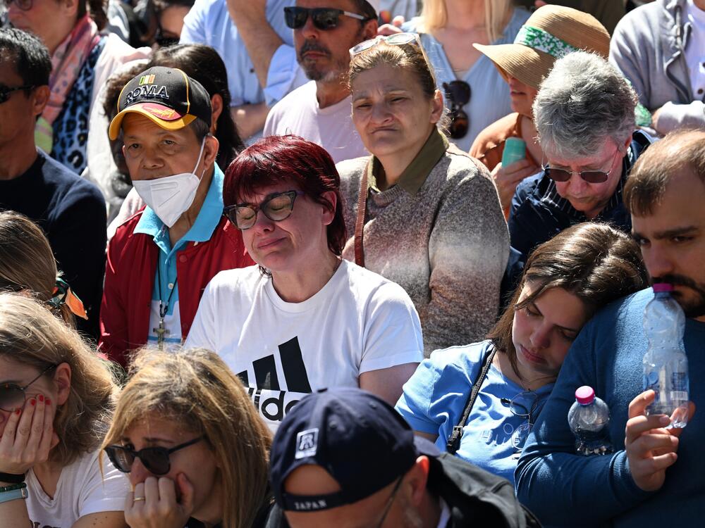 Members of the faithful gather before the funeral procession arrives at the Basilica of Santa Maria Maggiore during the funeral of Pope Francis on April 26, 2025 in Rome, Italy. Pope Francis died on April 21st at the age of 88.