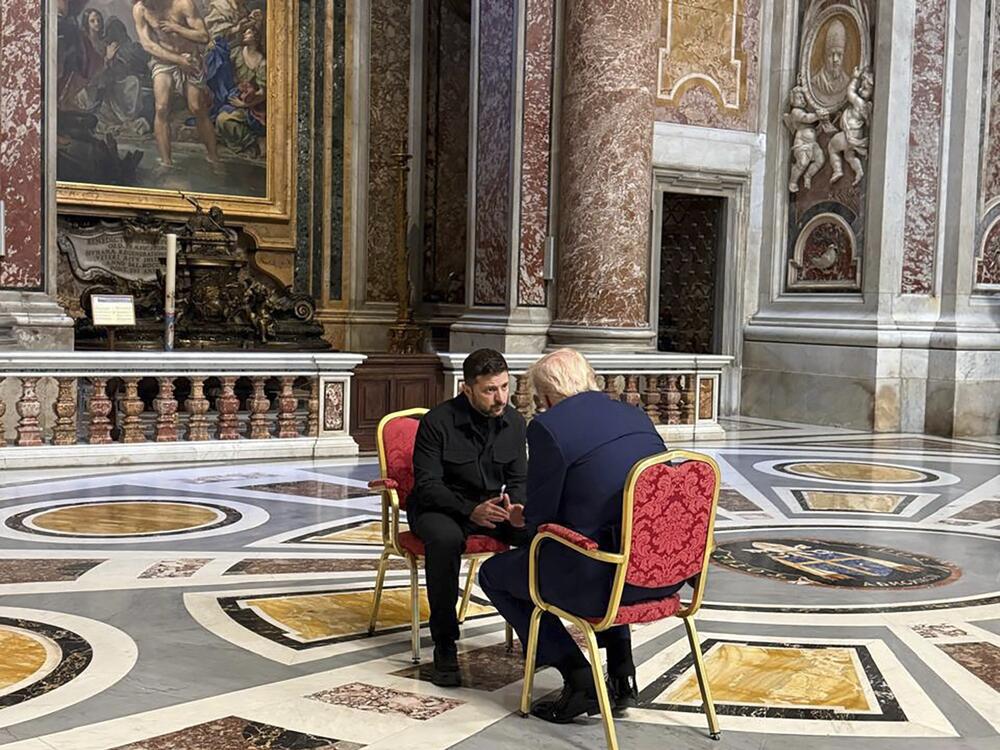 In this photo provided by the Ukrainian Presidential Press Office, Ukraine's President Volodymyr Zelenskyy, left, and President Trump, talk as they attend the funeral of Pope Francis in Vatican, Saturday, April 26, 2025.