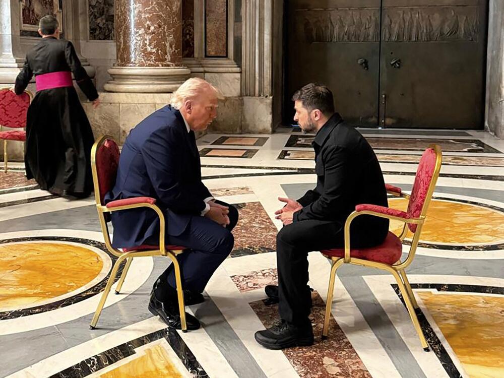 Ukraine's President Volodymyr Zelenskyy (right) and President Trump talk as they attend the funeral of Pope Francis at the Vatican on Saturday.
