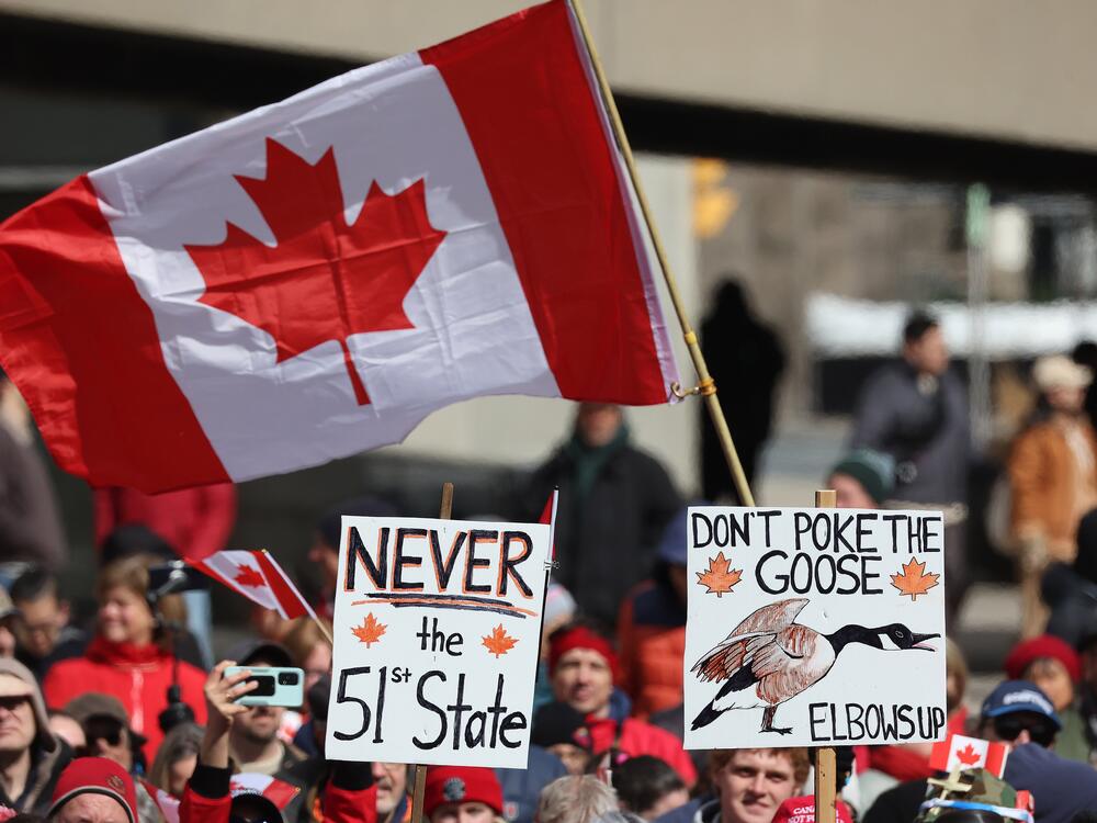 Hundreds gathered in Nathan Phillips Square to protest President Donald Trump's rhetoric about Canada becoming the 51st state at Toronto City Hall in Toronto. March 22, 2025.
