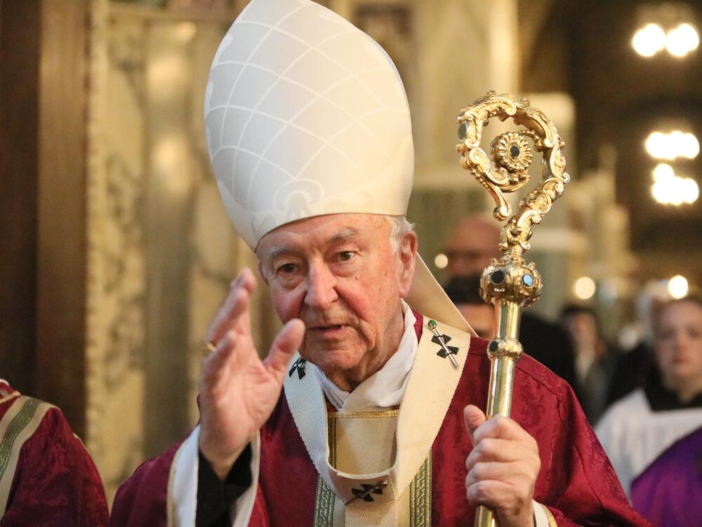 Cardinal Vincent Nichols after officiating the solemn requiem at The Metropolitan Cathedral of the Most Precious Blood, informally known as Westminster Cathedral on April 21, 2025 in London, England.