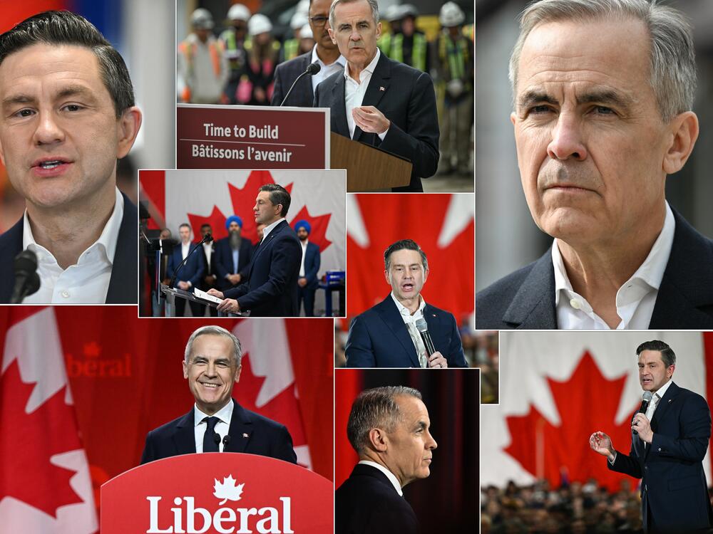 Liberal Party leader and Prime Minister Mark Carney, and Conservative leader and Leader of the Official Opposition Pierre Poilievre are seen during a campaign stop in Edmonton, Alberta, Canada, on April 25, 2025.