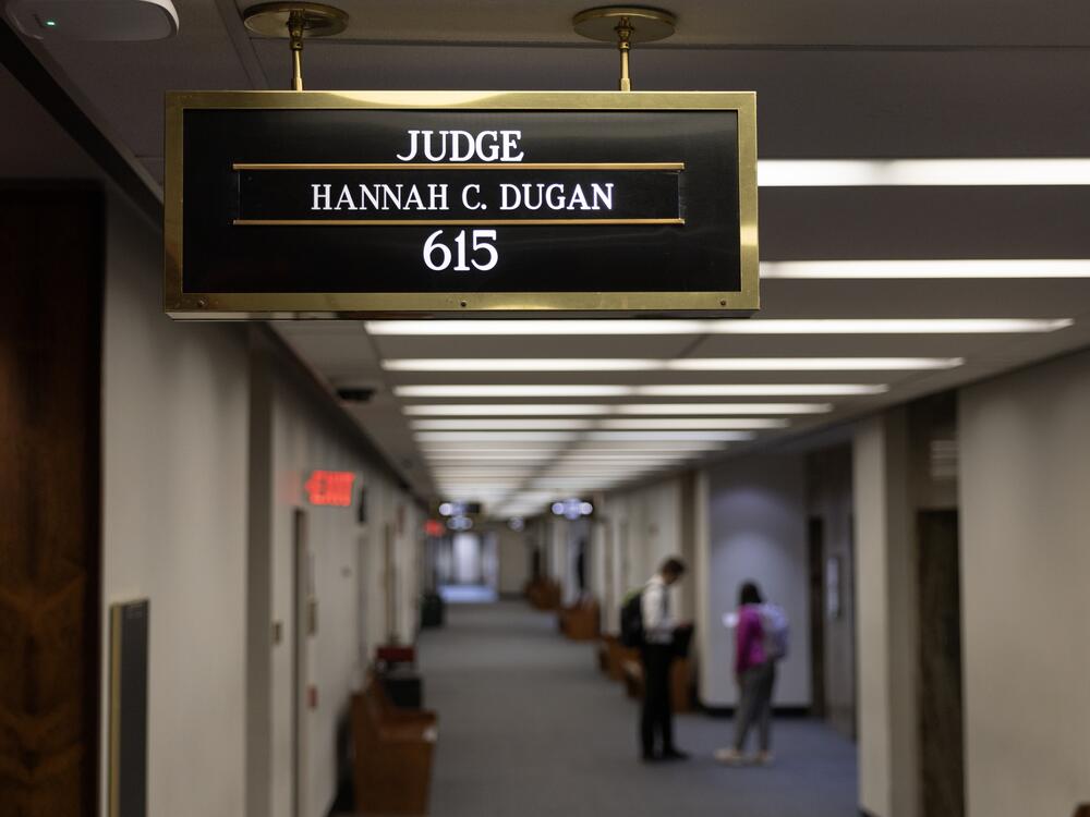 A sign hangs above the courtroom of Milwaukee County Circuit Judge Hannah Dugan in the Milwaukee County Courthouse on April 25 in Milwaukee, Wisc.