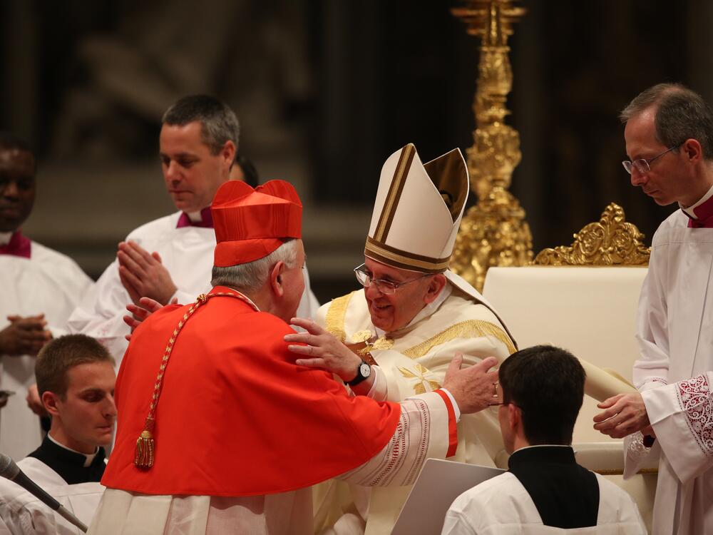 Cardinal Vincent Nichols receives his Biretta from Pope Francis at Saint Peter's Basilica on February 22, 2014 in Vatican City, Vatican.