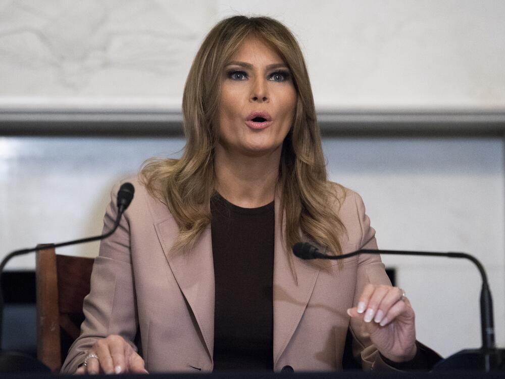 In this Wednesday, Oct. 23, 2019, file photo first lady Melania Trump participates in a roundtable discussion on the opioid crisis, on Capitol Hill in Washington.