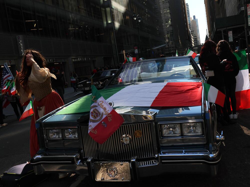 A car with an Italian flag is seen at the annual Columbus Day Parade in New York City in 2023.