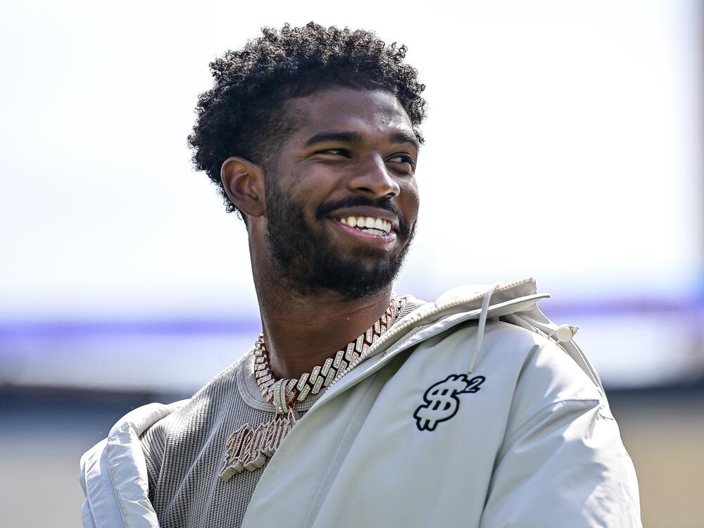 Former Colorado Buffaloes quarterback Shedeur Sanders looks on during a ceremony to retire his jersey before the Black and Gold Spring Game at Folsom Field on April 19 in Boulder, Colo.