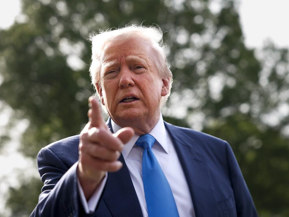 President Trump speaks to the media as he departs the White House on April 25 in Washington, D.C., for Rome to attend the funeral of Pope Francis.