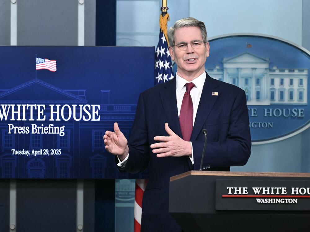 Treasury Secretary Scott Bessent speaks to reporters at the White House on April 29, 2025.