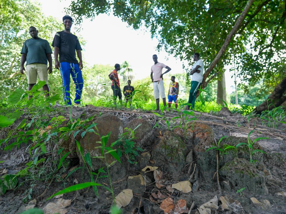 Residents of Durabali in Guinea-Bissau stand on the site where an archaeological dig located the gunpowder house in the capital city of the kingdom of Kaabu. Griots had for generations sung that the kingdom came to an end by blowing up the gunpowder house during an attack by a neighboring kingdom.