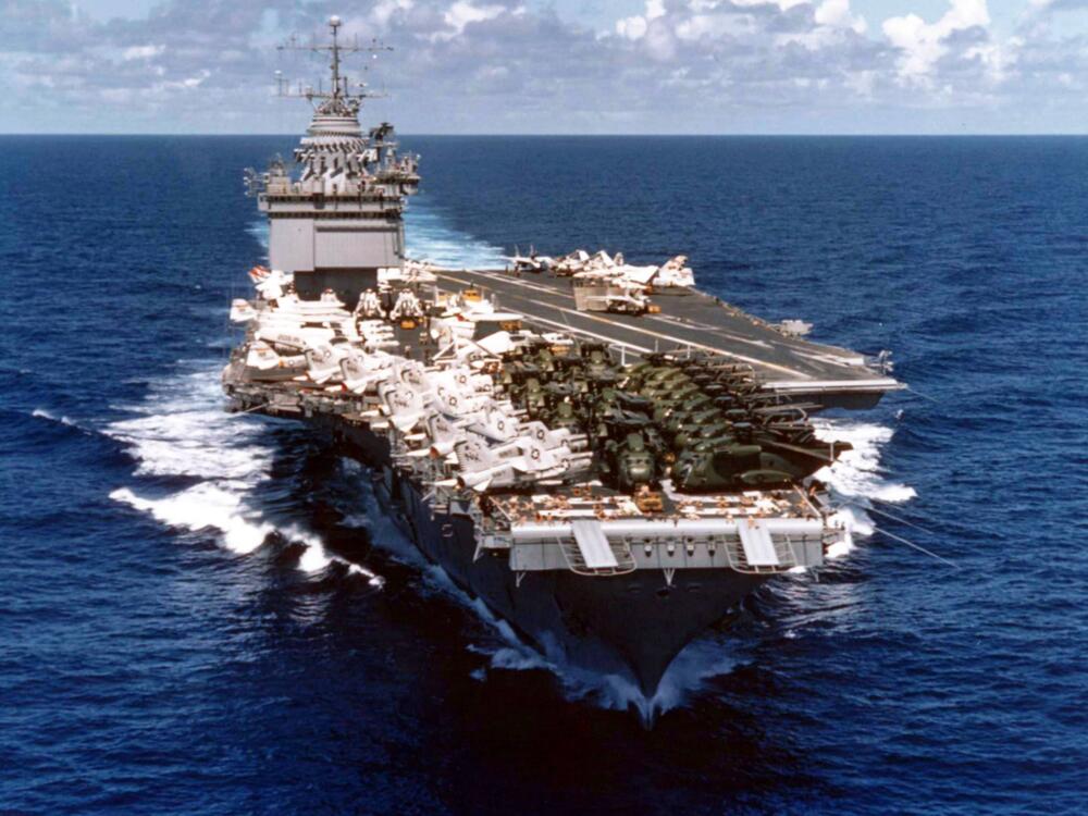 The U.S. Navy carrier USS Enterprise loaded to the gunnels with helicopters and planes evacuated from Saigon as a part of Operation Frequent Wind in April 1975.