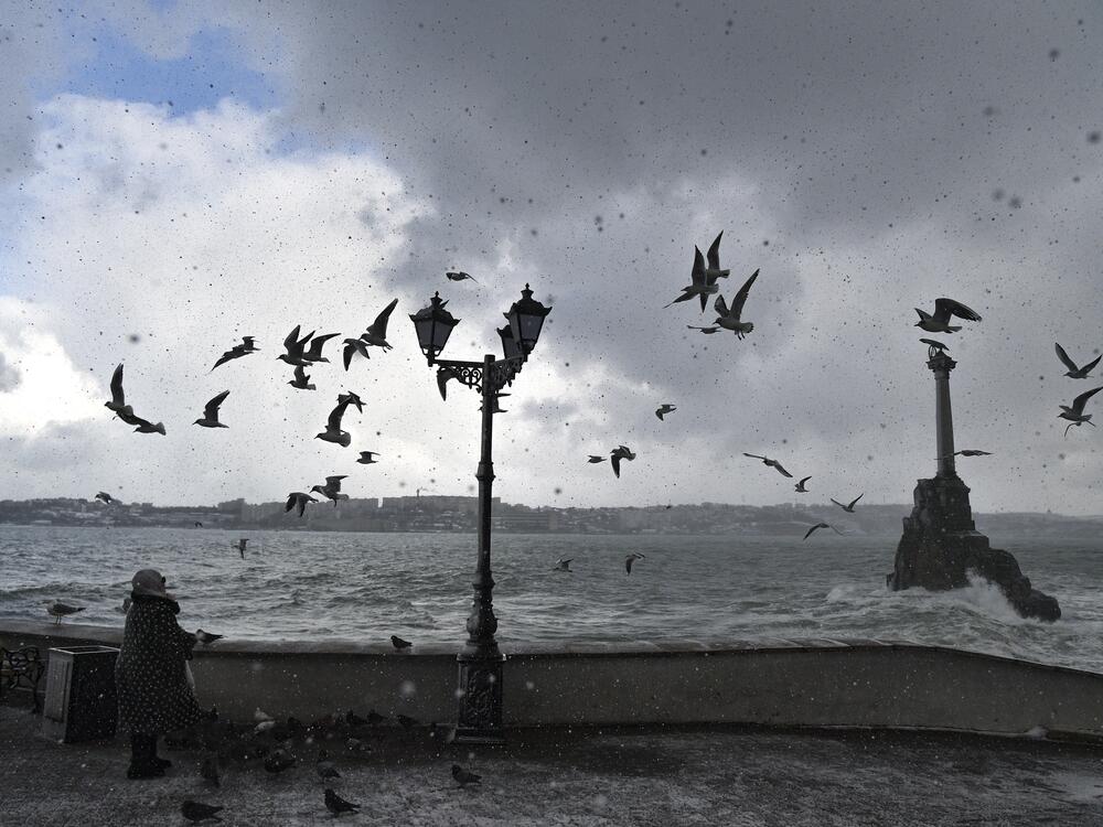 A woman looks at seagulls flying over the Monument to the Scuttled Ships, right, during a storm weather in Sevastopol, Crimea, Feb. 13, 2021. The monument marks the scuttling of the Russians ships in 1854 to protect the harbor from Allied troops (United Kingdom, French and Italy's Piedmontese) that landed in the Crimea and besieged Sevastopol during the Crimean War.