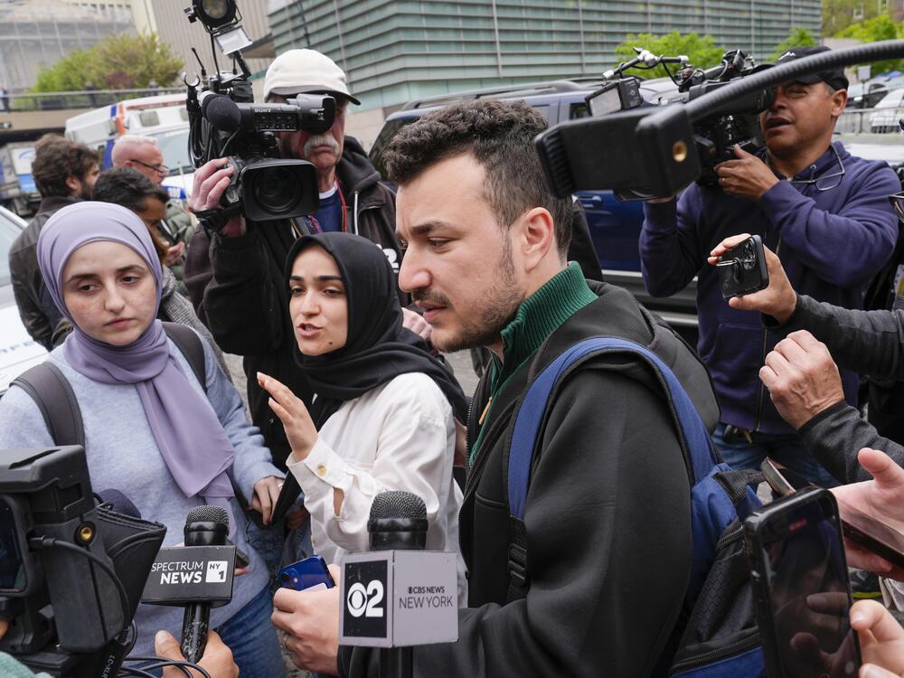 Mahmoud Khalil (center), with wife Noor Abdalla (in violet headscarf), at Columbia University last year. The government is seeking to deport Khalil due to his involvement in pro-Palestinian campus protests last spring.