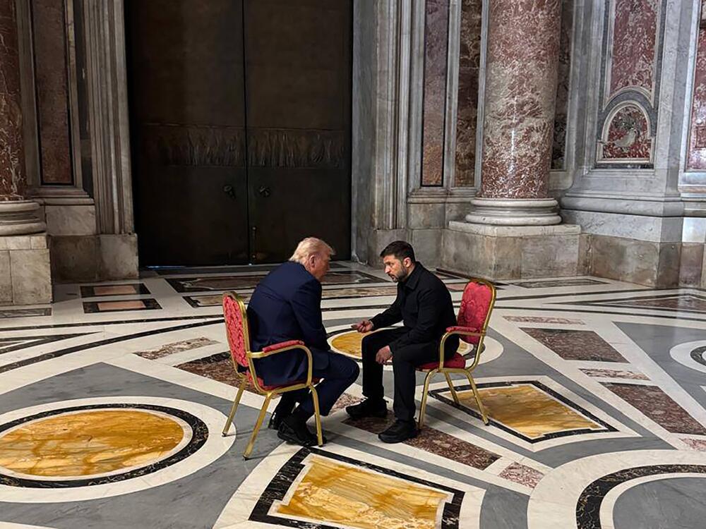 A photo provided by the Ukrainian Presidential Press Office shows Ukrainian President Volodymyr Zelenskyy (right) and President Trump, talking as they attend the funeral of Pope Francis in the Vatican, April 26.
