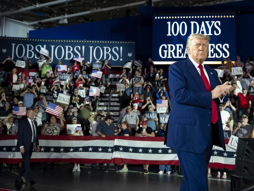 President Trump arrives to speak on his first 100 days at Macomb County Community College Sports Expo Center on April 29 in Warren, Mich.