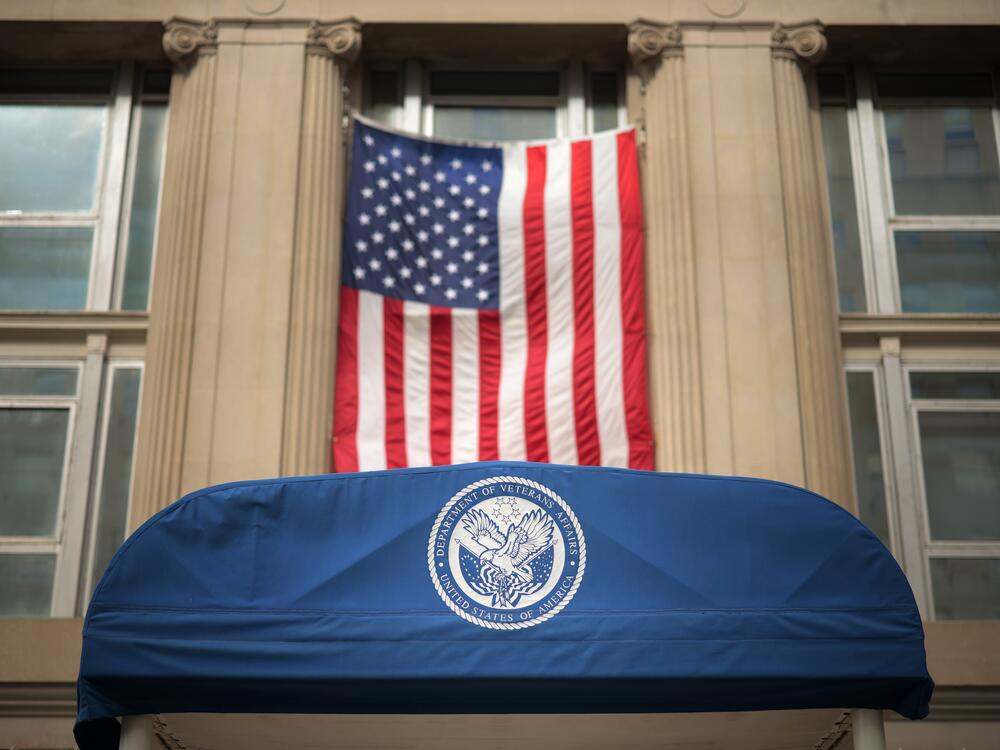 An awning with the Department of Veterans Affairs' seal marks the entrance to the department's headquarters a block from the White House on March 6, 2025 in Washington, D.C.