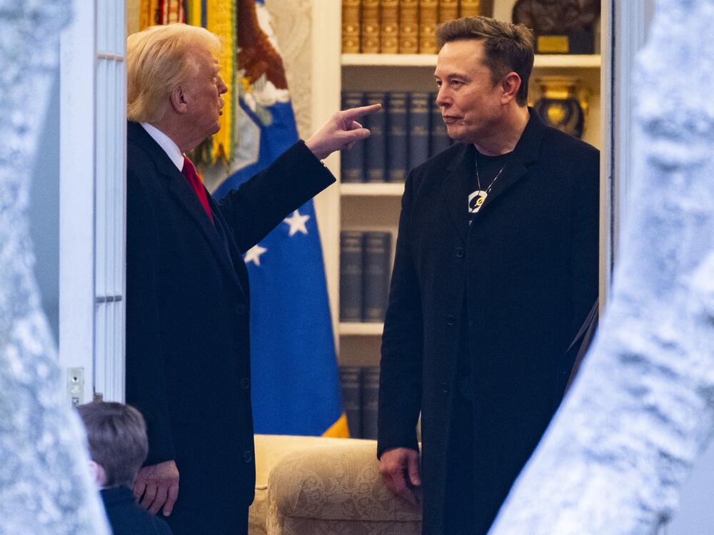 President Trump and his adviser Elon Musk speak before departing the White House on his way to his South Florida home in Mar-a-Lago on March 14.
