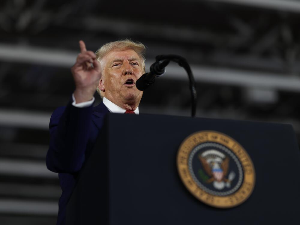 President Trump speaks during a rally at Macomb Community College on in Warren, Mich., on Tuesday to mark his first 100 days in office.