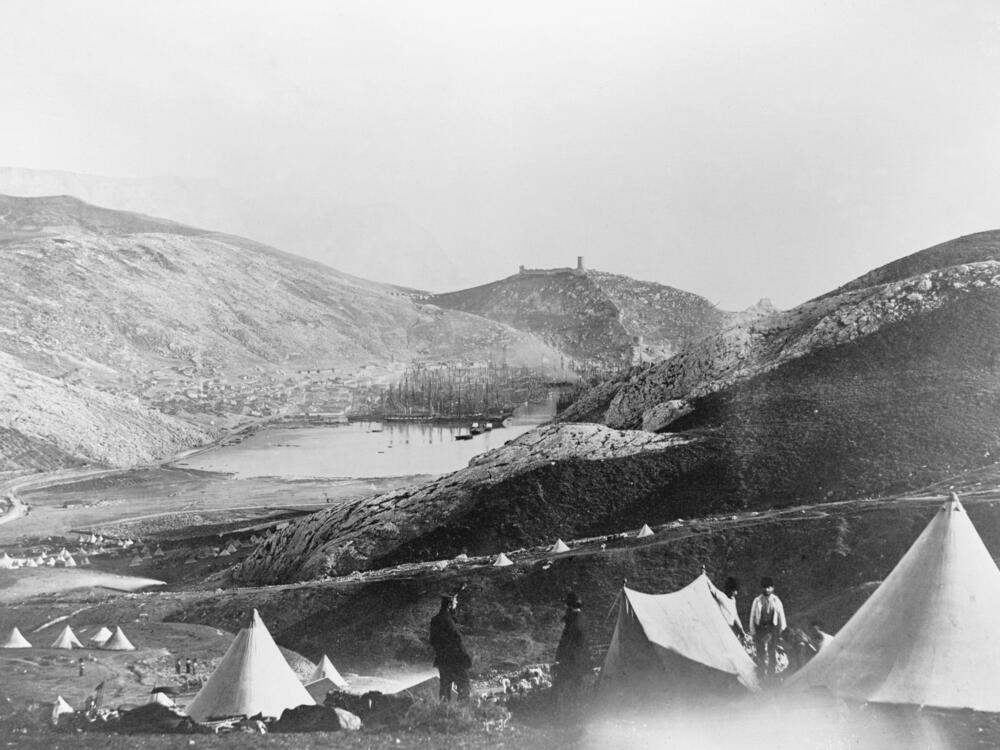 The camp of the British Foot Guards at Balaklava during the Crimean War, 1855.