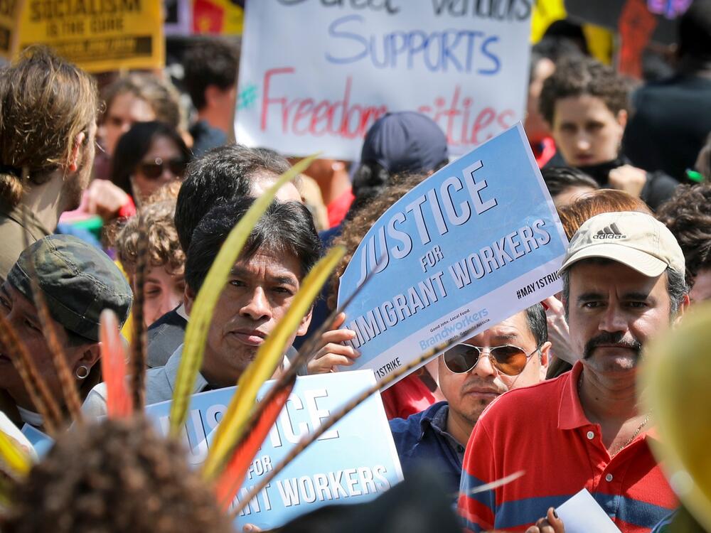People participate in a May Day rally in New York on May 1, 2017, to protest President Trump's anti-immigrant agenda during his first White House term. This year, May Day protests in the U.S. are expected to draw bigger crowds in more places.