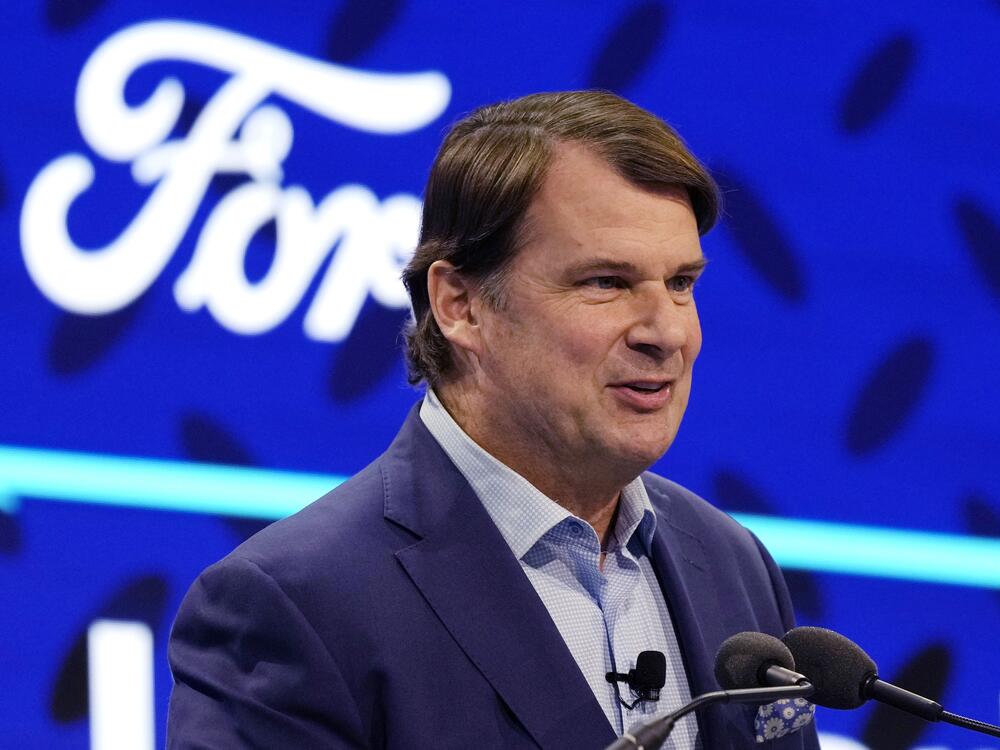 Ford Motor CEO Jim Farley announces the automaker's new BlueOval Battery Park in February 2023.