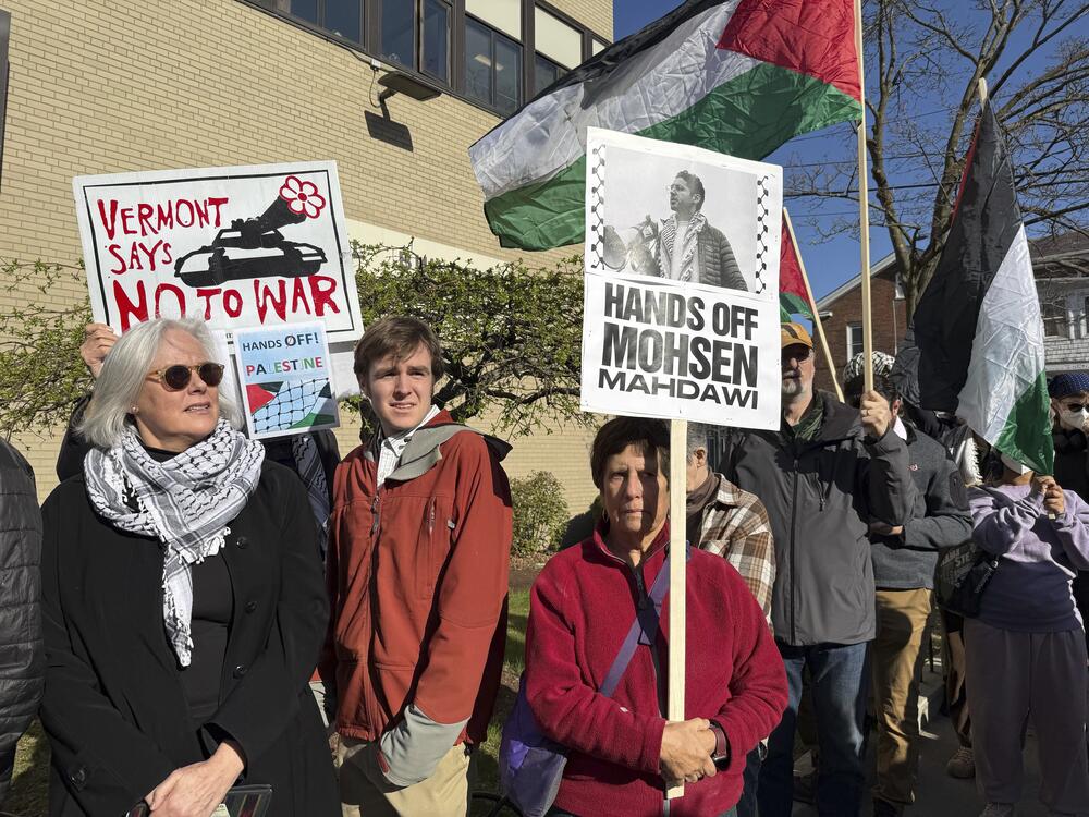 Protesters gather outside federal court ahead of a hearing for Mohsen Mahdawi, a legal permanent resident arrested at a Vermont immigration office during an interview about finalizing his U.S. citizenship, on Wednesday, April 23 in Burlington, Vt.