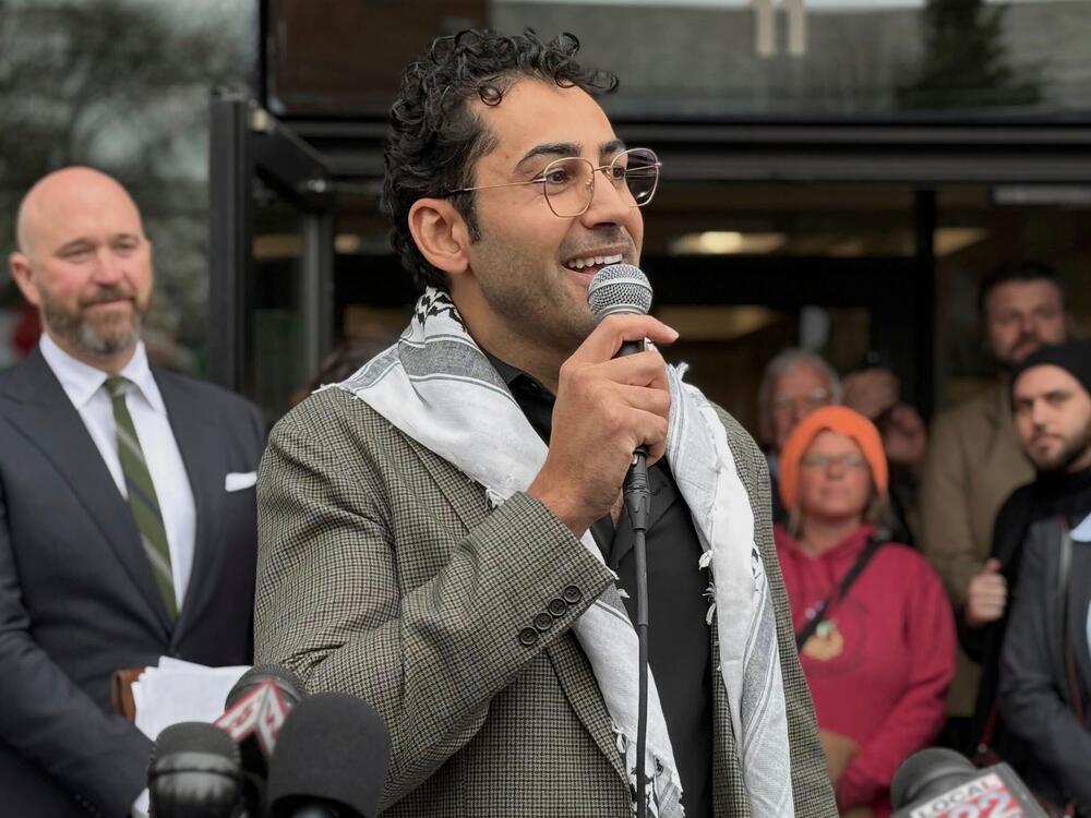Mohsen Mahdawi speaks outside a Vermont courthouse after a judge released the Palestinian student activist on Wednesday, April 30, in Burlington, Vt.