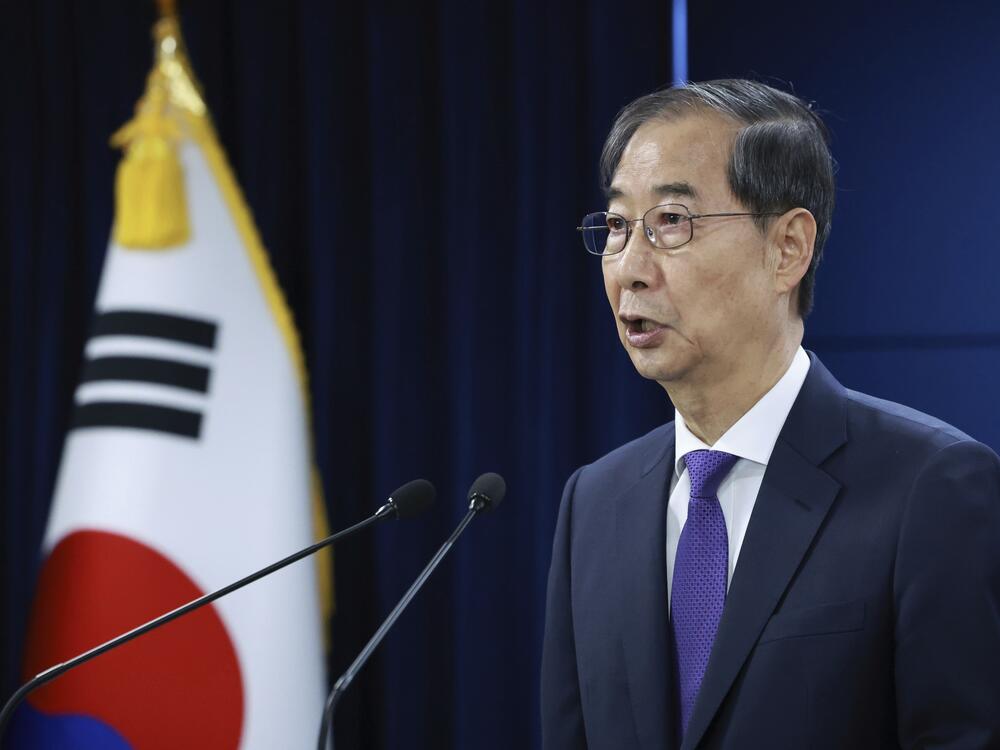 South Korean acting President Han Duck-soo speaks during a press conference at the Government Complex in Seoul, South Korea, May 1, 2025.