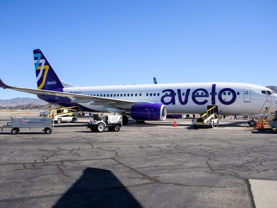 An Avelo Airlines jet on the tarmac at Hollywood Burbank Airport in 2021. The budget airline is set to begin operating deportation flights next month for Immigration and Customs Enforcement.