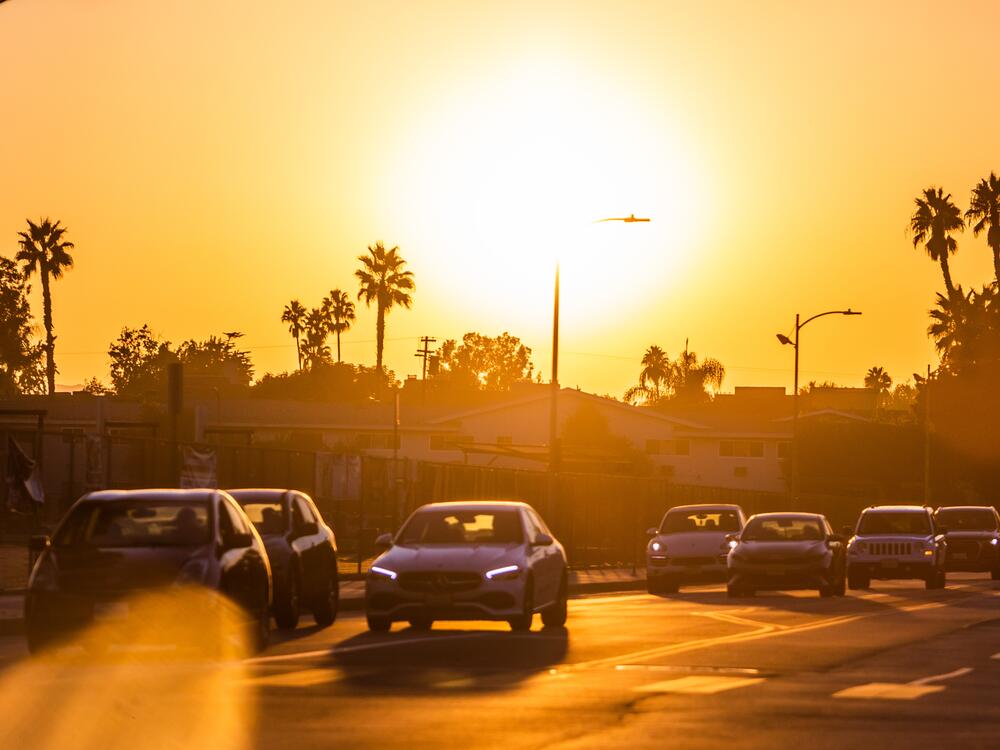 Vehicles drive along the 101 Freeway in Los Angeles, Calif., during a heat wave in October 2024. California has ambitious rules requiring automakers to phase out gas-powered vehicles (except for plug-in hybrids), to combat air pollution and climate change. The Trump administration has vowed to overturn California's stringent standards.