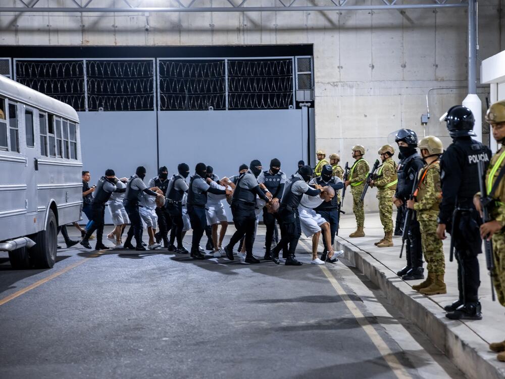 17 alleged members of Venezuela's Tren de Aragua gang and members of the MS-13 gang, who were deported to El Salvador by the US in San Salvador, El Salvador on March 31, 2025.