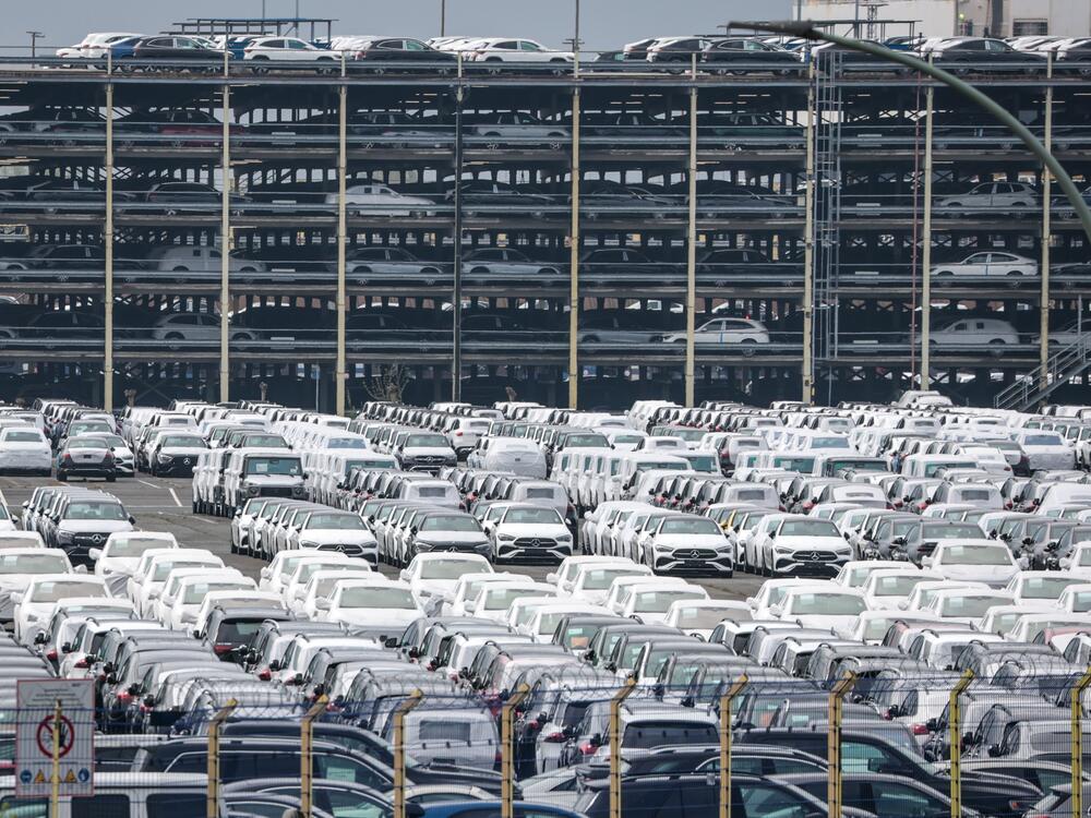 Cars of German automaker Mercedes are parked at the automotive terminal of Bremerhaven port in Germany on April 22.