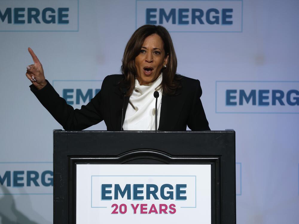 Former Vice President Kamala Harris delivers a keynote address at a gala for Emerge America on April 30, 2025 in San Francisco.