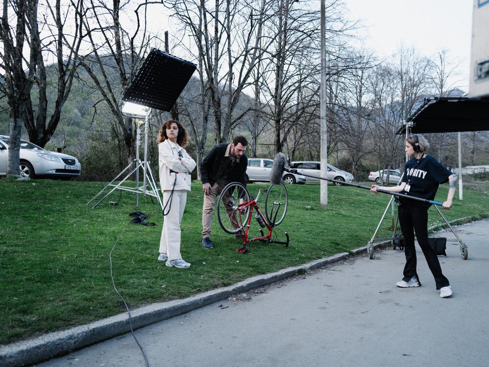 Dea Kulumbegashvili, left, is shown on the set of her sophomore feature, <em>April</em>.