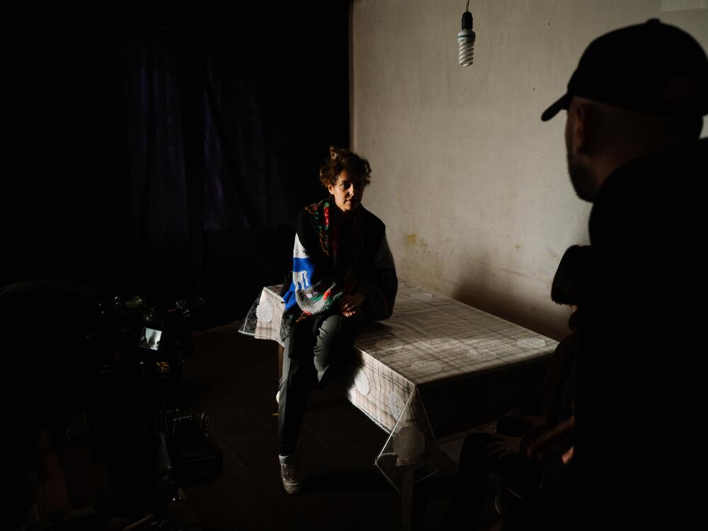 Dea Kulumbegashvili, left, is seen on the set of her feature film <em>April</em>, which centers around a doctor providing abortions to in rural Georgia, at the foot of the Caucasus Mountains.