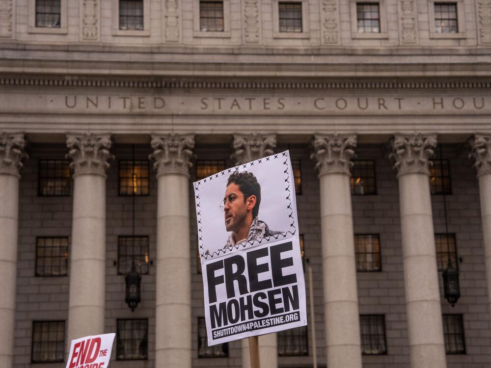 Pro-Palestinian activists rally for Mohsen Mahdawi and protest against deportations outside of ICE headquarters in New York City on April 15. Mahdawi, an organizer of pro-Palestinian demonstrations last year at Columbia University, was detained by the Department of Homeland Security during his naturalization interview in Vermont.