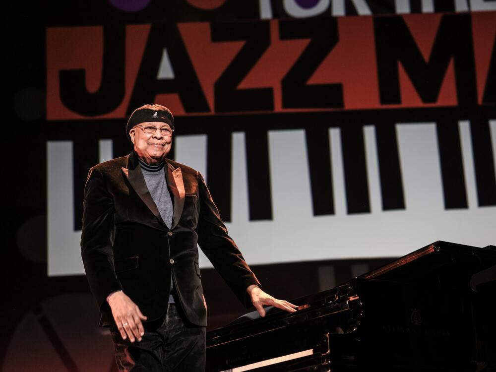 Chucho Valdés stands in front of the crowd at the Kennedy Center after performing during the 2025 NEA Jazz Masters Tribute Concert on Saturday.