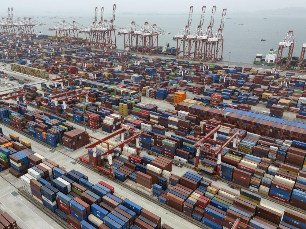 Shipping containers are seen ready for transport at the Guangzhou Port in the Nansha district in southern China's Guangdong province in April.