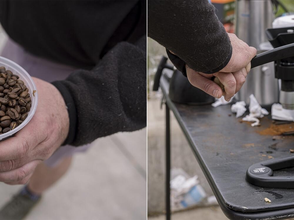 In addition to the 5 gallons of French press coffee brewed for the Blumenauer Bridge event on the last Friday of April, Andrew Kreps also prepared espresso shots from the beans he roasted.