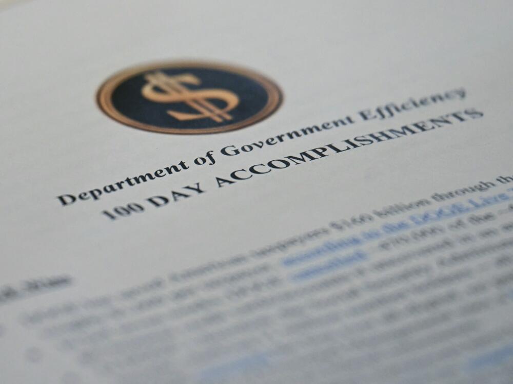 A report on cost cuts made by what's known as the Department of Government Efficiency on the Cabinet Room table at the  White House on April 30, 2025.